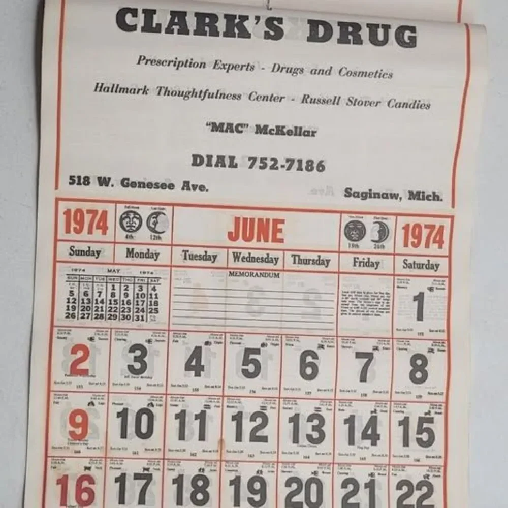 Vintage 1974 Clark's Drug Advertising Calendar